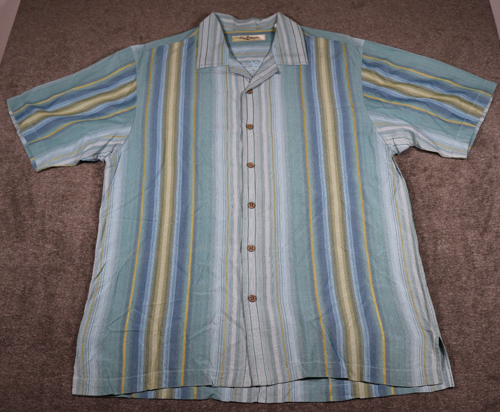 Tommy Bahama 100% Silk Camp Shirt Mens M Blue Green Striped Hawaiian Coconut Btn